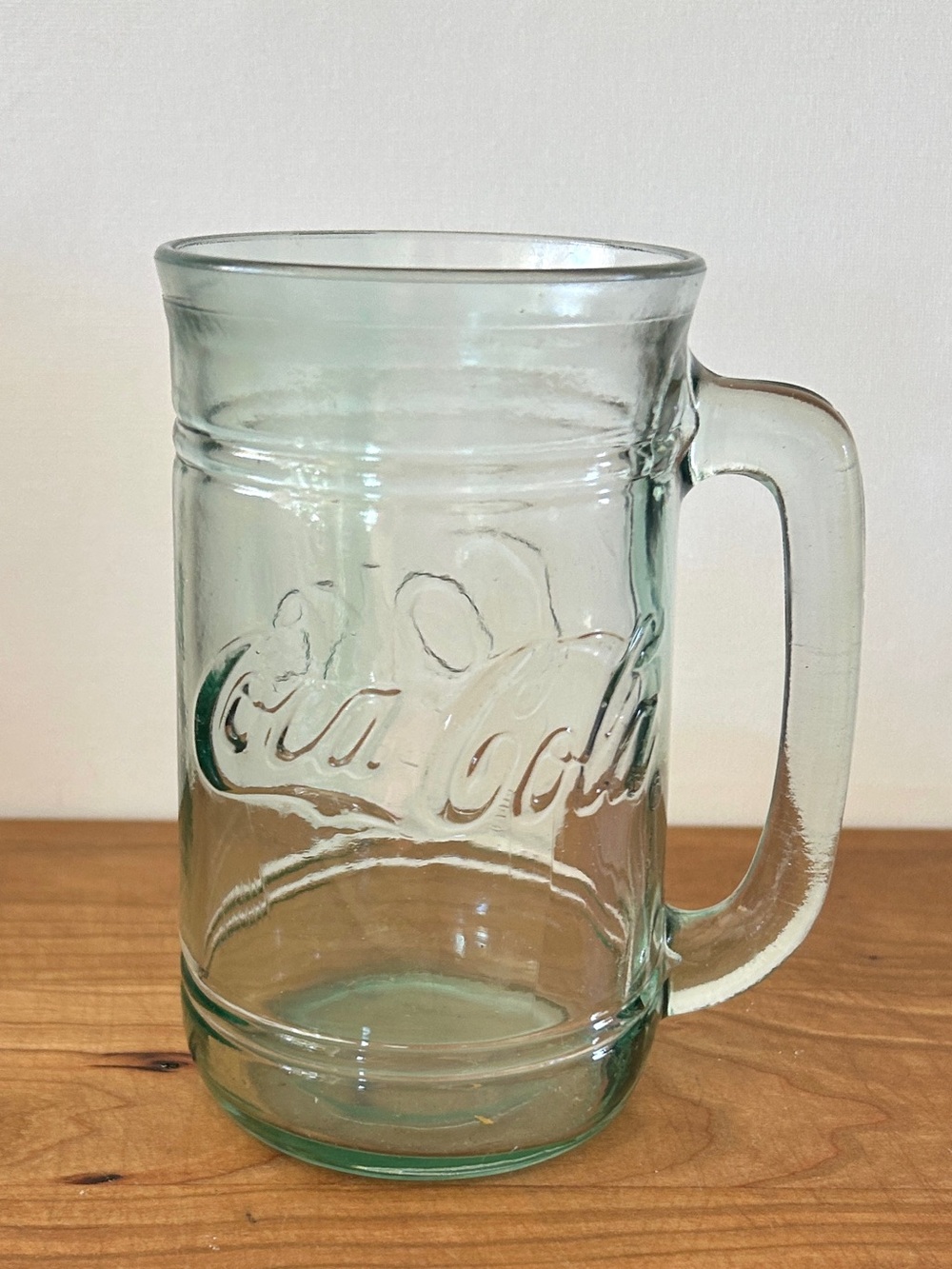 Vintage COCA-COLA Green Heavy Glass Embossed Glass Mug with Handle 5.5”